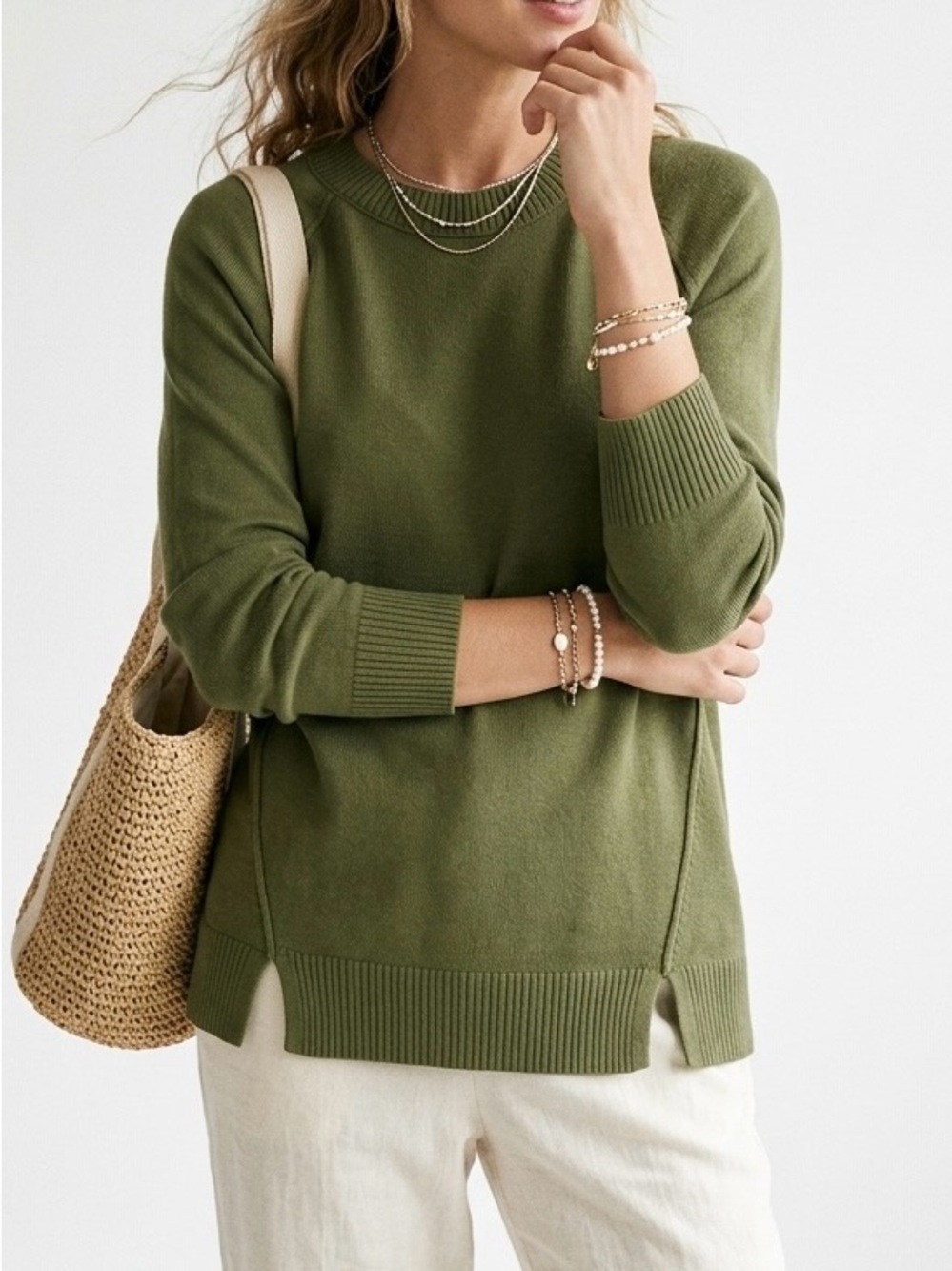 LOFT Outlet Seamed Ballet Neck Tunic Sweater Olive Green Knit Loungewear XS EUC